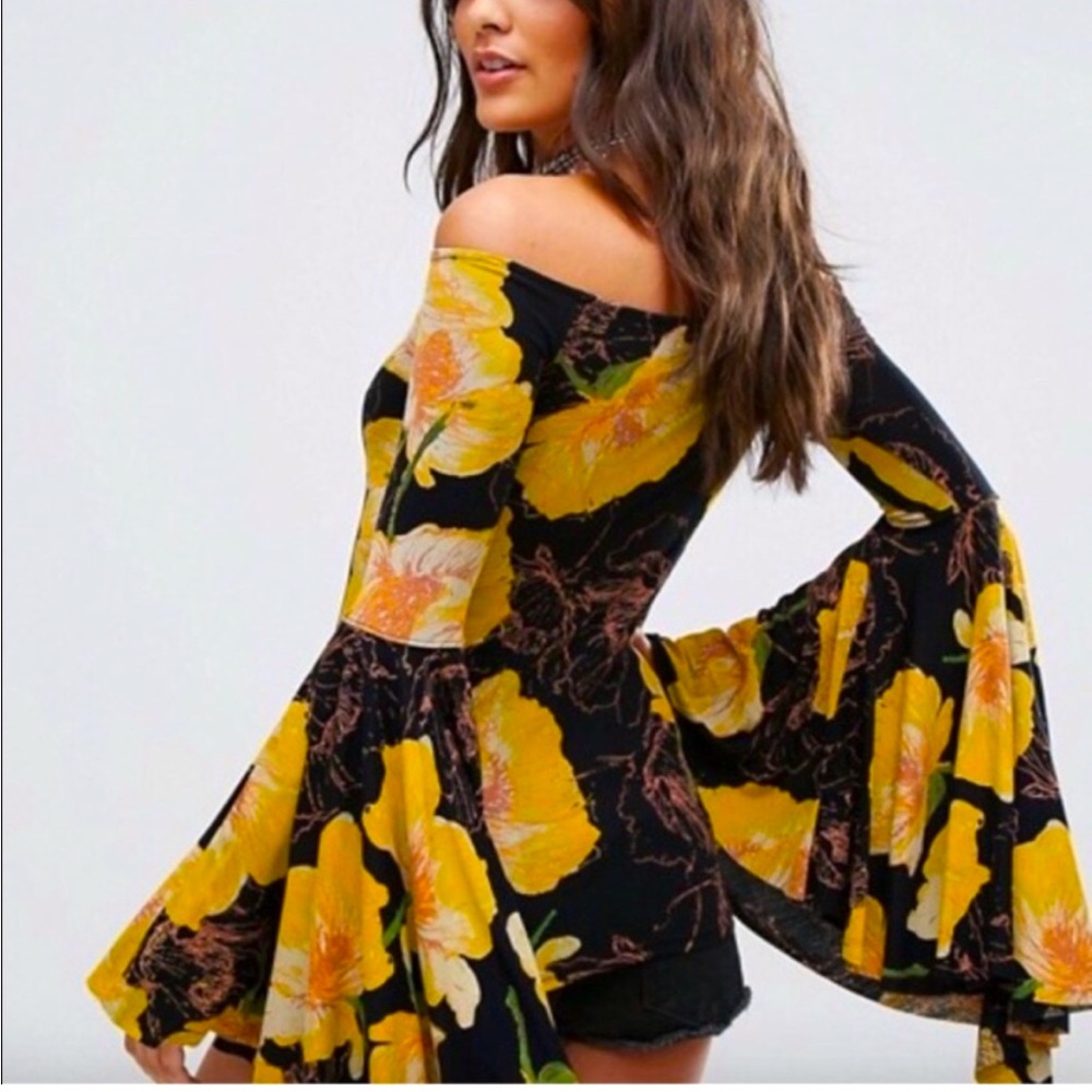 We the free people XS yellow shoulder bell sleeve top  floral birds paradise
